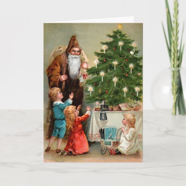 Victorian Angry Santa Around the Tree Holiday Card (Front)