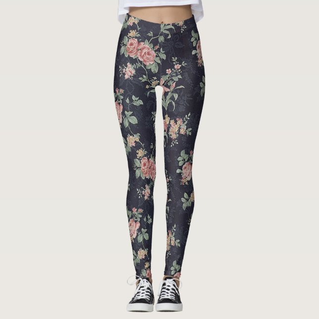Victorian Antique Pink Rose Navy  Leggings (Front)