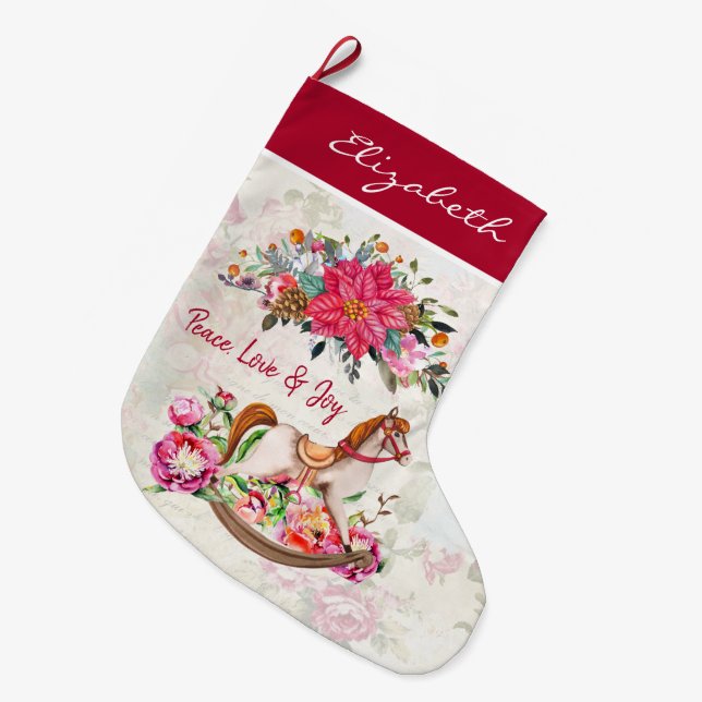Victorian Antique Rocking Horse & Poinsettia Large Christmas Stocking (Front (Hanging))