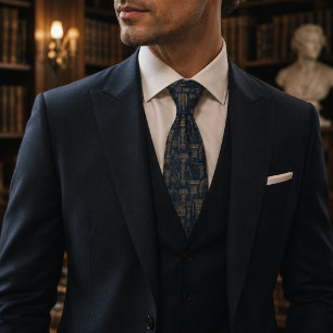 Victorian Architectural Engraving Luxury Navy Blue Tie