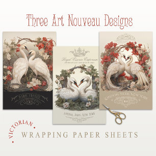 Victorian Art Nouveau Vintage Floral Swans Wrapping Paper Sheet