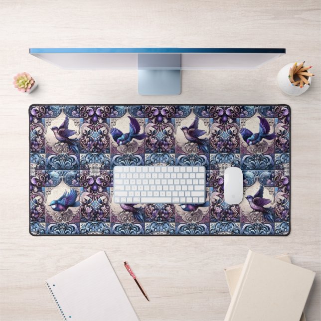 Victorian Aviary: A Purple Tile Garden Desk Mat (Office 1)