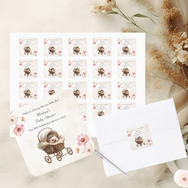 Victorian Baby Hedgehog Wildflower Baby Shower  Square Sticker (Creator Uploaded)