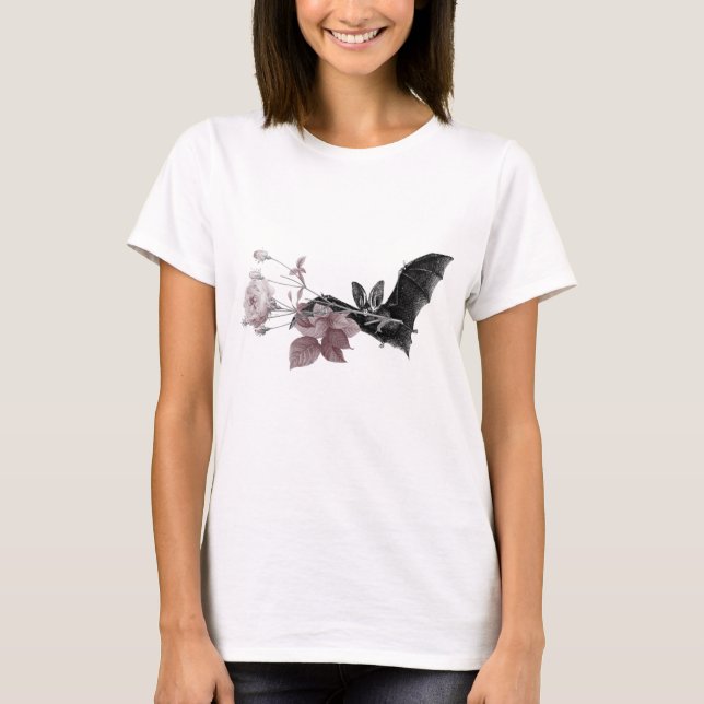 Victorian Bat illustration with fine art rose T-Shirt (Front)