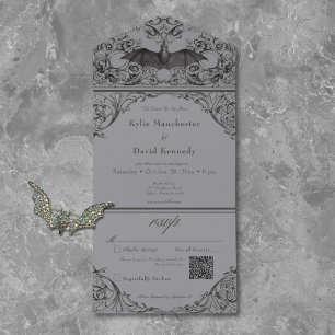 Victorian Bat Til Death Black Grey Wedding QR Code All In One Invitation