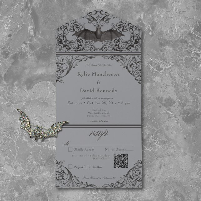 Victorian Bat Til Death Black Grey Wedding QR Code All In One Invitation (Creator Uploaded)