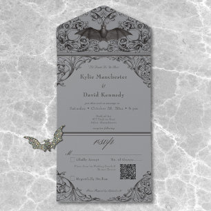 Victorian Bat Til Death Black Grey Wedding QR Code All In One Invitation