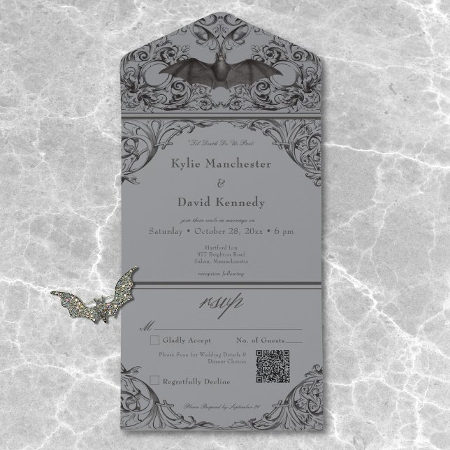 Victorian Bat Til Death Black Grey Wedding QR Code All In One Invitation (Creator Uploaded)