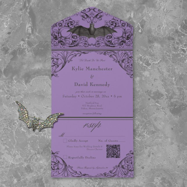 Victorian Bat Til Death Black & Purple QR Code All In One Invitation (Creator Uploaded)