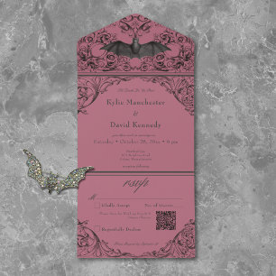 Victorian Bat Til Death Black Wine Wedding QR Code All In One Invitation