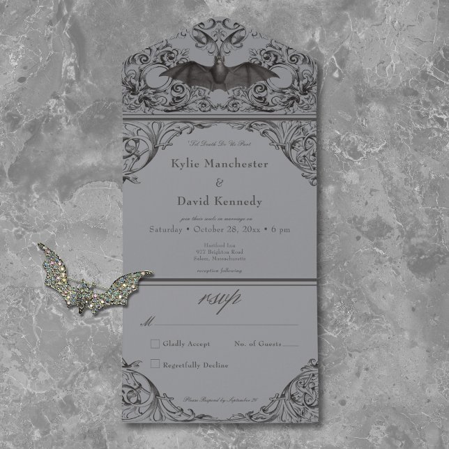 Victorian Bat Until Death Black Grey No Dinner All In One Invitation (Creator Uploaded)