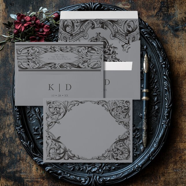 Victorian Bat Until Death Black & Grey Wedding Envelope (Creator Uploaded)