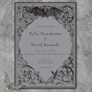 Victorian Bat Until Death Black & Grey Wedding Invitation