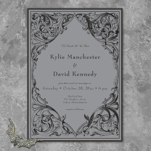Victorian Bat Until Death Black & Grey Wedding Invitation