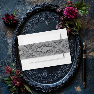 Victorian Bat Until Death Black & Grey Wedding Invitation Belly Band
