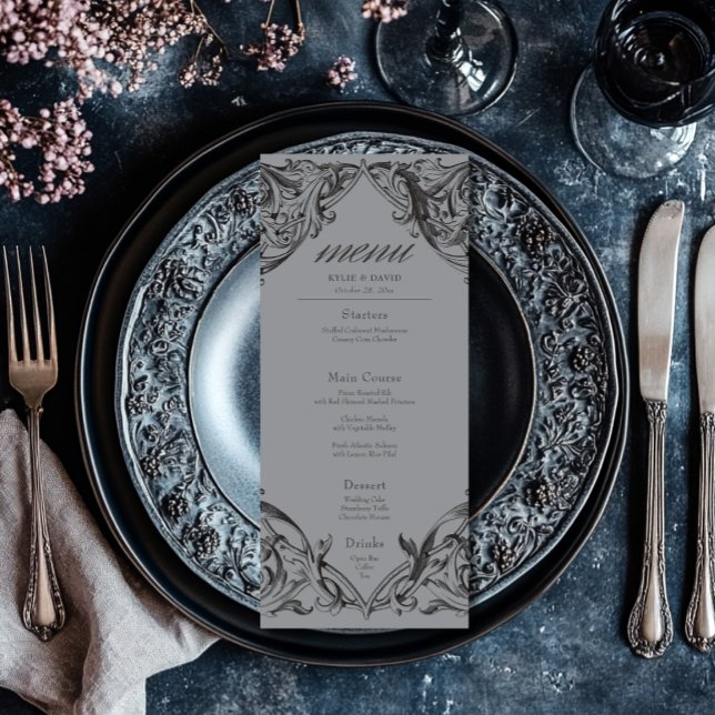 Victorian Bat Until Death Black & Grey Wedding Menu (Creator Uploaded)
