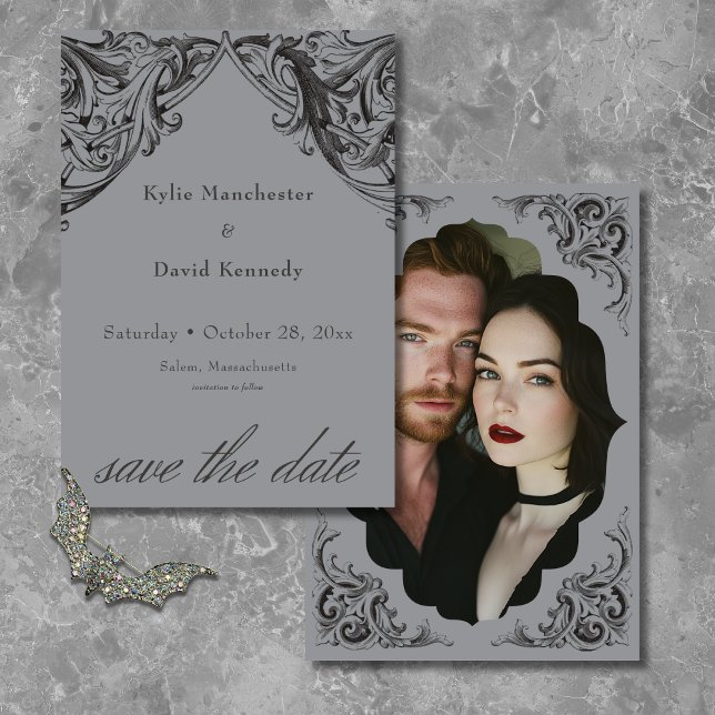Victorian Bat Until Death Black & Grey Wedding Save The Date (Creator Uploaded)