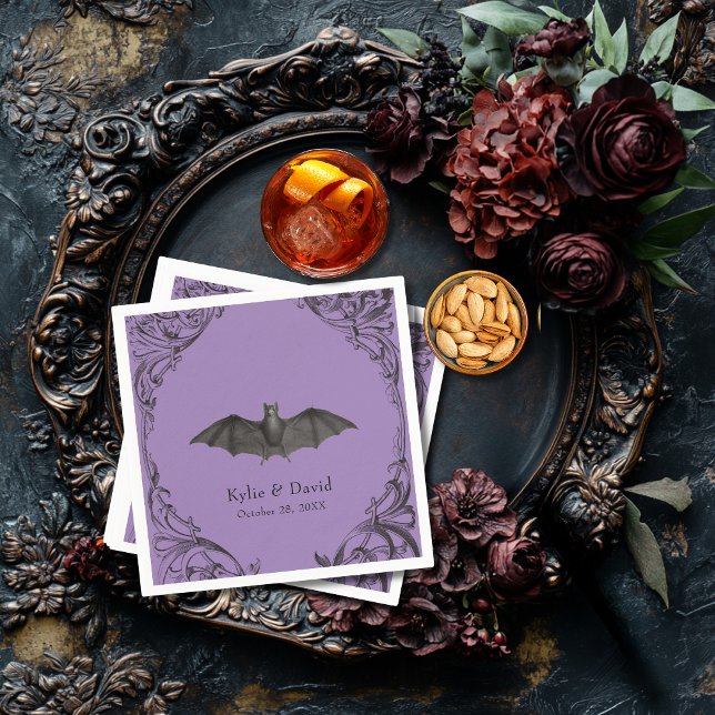 Victorian Bat Until Death Black & Purple Wedding Napkin (Creator Uploaded)