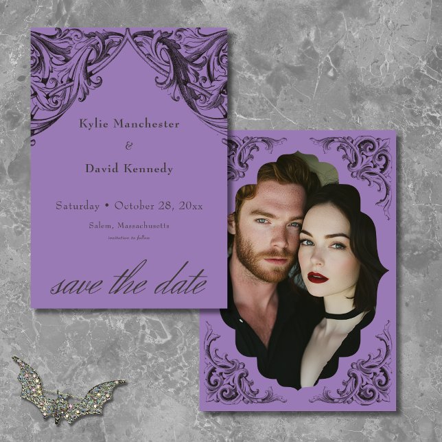 Victorian Bat Until Death Black & Purple Wedding Save The Date (Victorian Bat Until Death Black & Purple Wedding Save The Date)