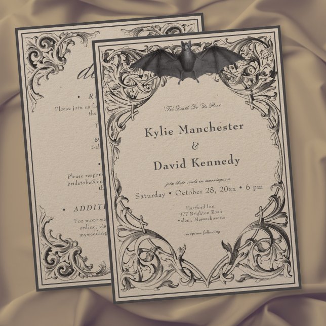 Victorian Bat Until Death Black & Tan Two Sided Invitation (Victorian Bat Until Death Black & Tan Two Sided Invitation)