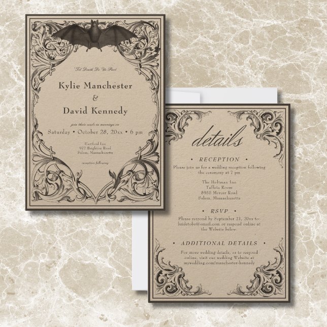 Victorian Bat Until Death Black & Tan Two Sided Invitation (Victorian Bat Until Death Black & Tan Two Sided Invitation)
