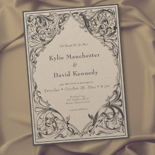 Victorian Bat Until Death Black & Tan Wedding Invitation