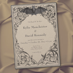 Victorian Bat Until Death Black & Tan Wedding Invitation