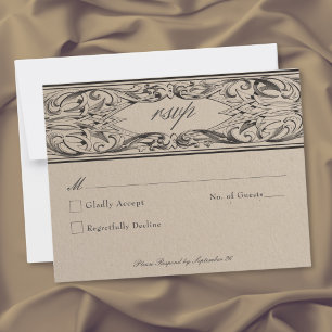 Victorian Bat Until Death Black & Tan Wedding RSVP Card
