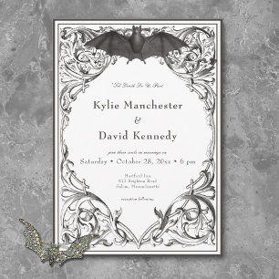 Victorian Bat Until Death Black & White Wedding Invitation