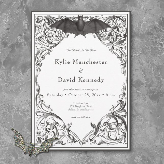 Victorian Bat Until Death Black & White Wedding Invitation (Victorian Bat Until Death Black & White Wedding Invitation)