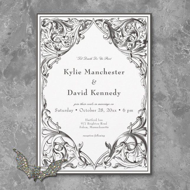 Victorian Bat Until Death Black & White Wedding Invitation (Victorian Bat Until Death Black & White Wedding Invitation)