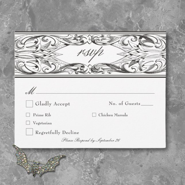 Victorian Bat Until Death Black & White Wedding RSVP Card (Victorian Bat Until Death Black & White Wedding RSVP Card)