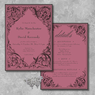 Victorian Bat Until Death Black & Wine Two Sided Invitation