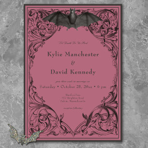 Victorian Bat Until Death Black & Wine Wedding Invitation