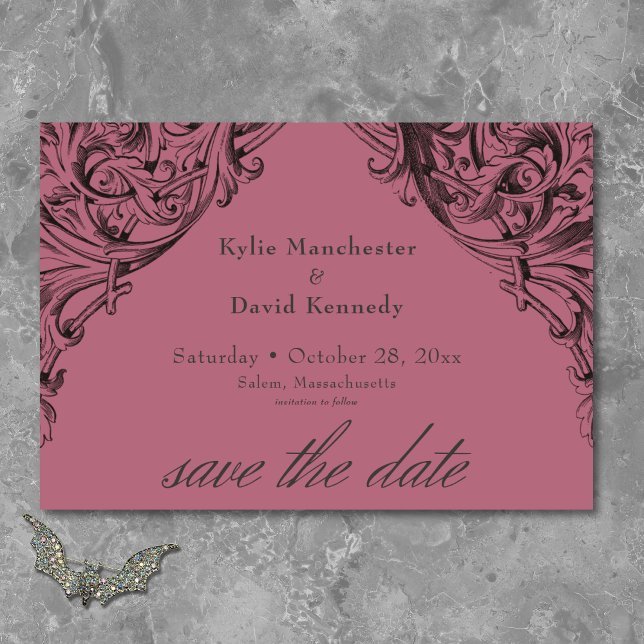 Victorian Bat Until Death Black & Wine Wedding Save The Date (Victorian Bat Until Death Black & Wine Wedding Save The Date)