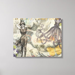 Victorian Bathing Beauty Kraken Vintage Surrealism Canvas Print