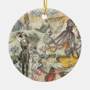 Victorian Bathing Beauty Kraken Vintage Surrealism Ceramic Tree Decoration