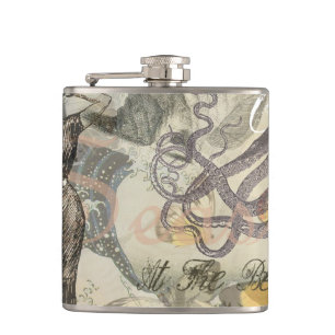 Victorian Bathing Beauty Kraken Vintage Surrealism Hip Flask