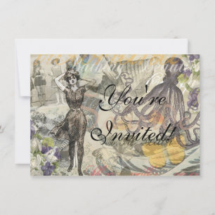 Victorian Bathing Beauty Kraken Vintage Surrealism Invitation