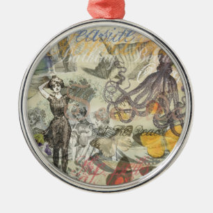 Victorian Bathing Beauty Kraken Vintage Surrealism Metal Tree Decoration