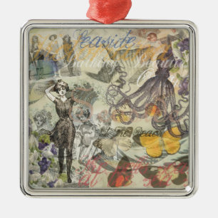 Victorian Bathing Beauty Kraken Vintage Surrealism Metal Tree Decoration