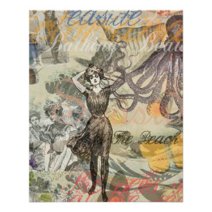 Victorian Bathing Beauty Kraken Vintage Surrealism Poster