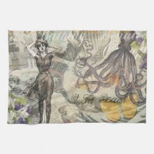 Victorian Bathing Beauty Kraken Vintage Surrealism Tea Towel