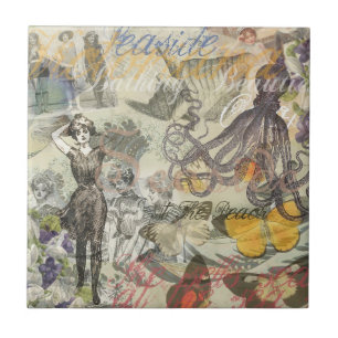 Victorian Bathing Beauty Kraken Vintage Surrealism Tile