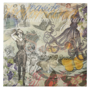 Victorian Bathing Beauty Kraken Vintage Surrealism Tile