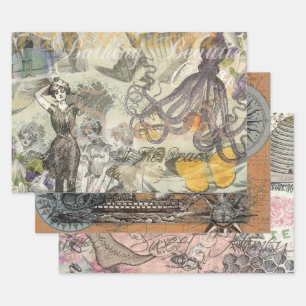 Victorian Bathing Beauty Kraken Vintage Surrealism Wrapping Paper Sheet
