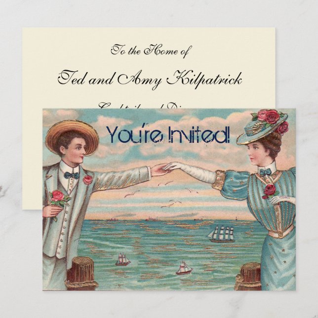 Victorian Beach Love Dressy Ocean Wedding Couple Invitation (Front/Back)