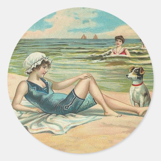 Victorian Beach Swim Girl Ocean Summer Vacation Classic Round Sticker (Front)
