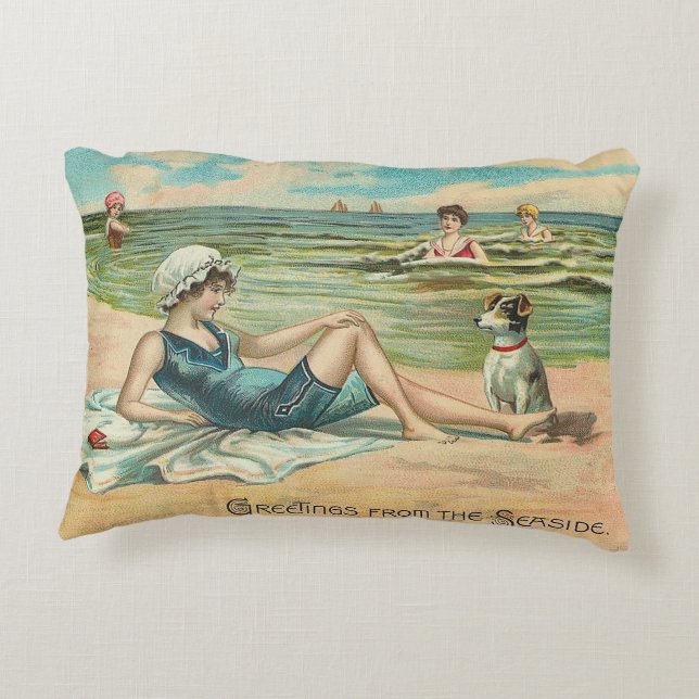 Victorian Beach Swim Girl Ocean Summer Vacation Decorative Cushion (Back)