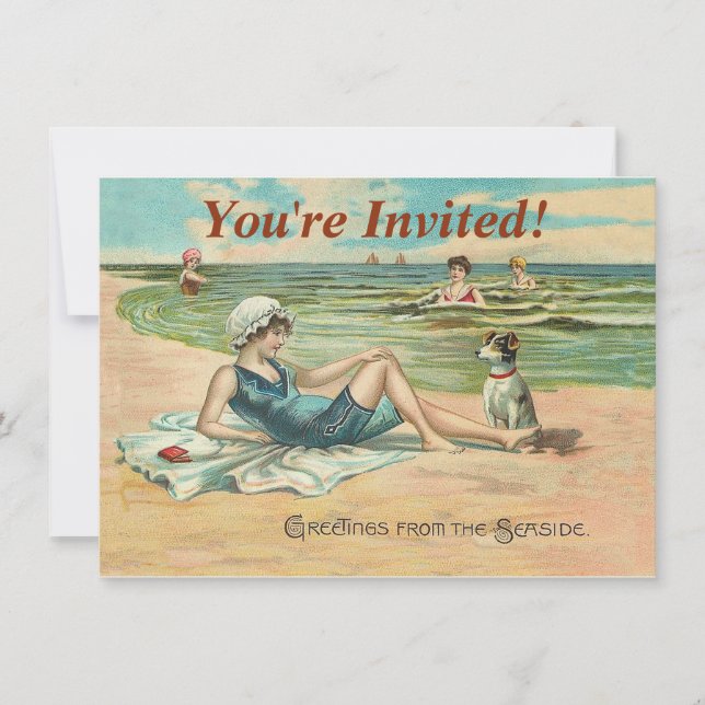 Victorian Beach Swim Girl Ocean Summer Vacation Invitation (Front)